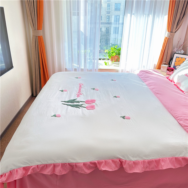 91家纺网 家纺一手货源 找家纺 易禾家纺 2024新款水洗亲肤棉毛巾绣四件套 郁金香-玫粉