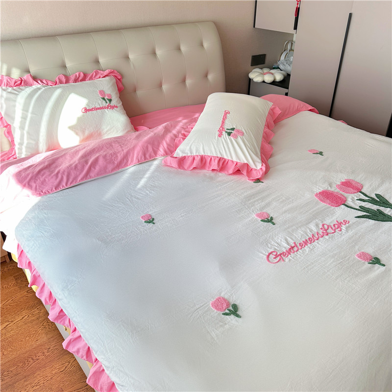 91家纺网 家纺一手货源 找家纺 易禾家纺 2024新款水洗亲肤棉毛巾绣四件套 郁金香-玫粉