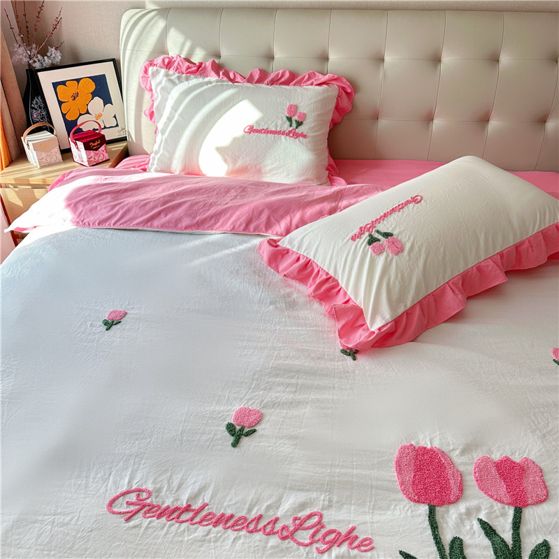 91家纺网 家纺一手货源 找家纺 易禾家纺 2024新款水洗亲肤棉毛巾绣四件套 郁金香-玫粉