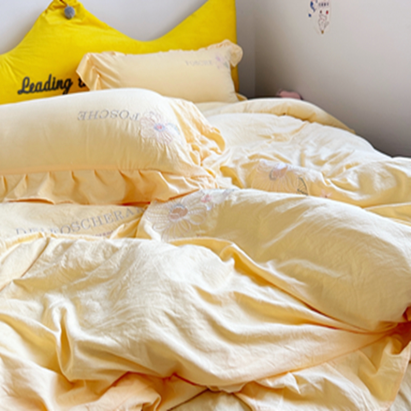 91家纺网 家纺一手货源 找家纺 ab家纺 2023新款满绣水洗棉四件套 鹅黄