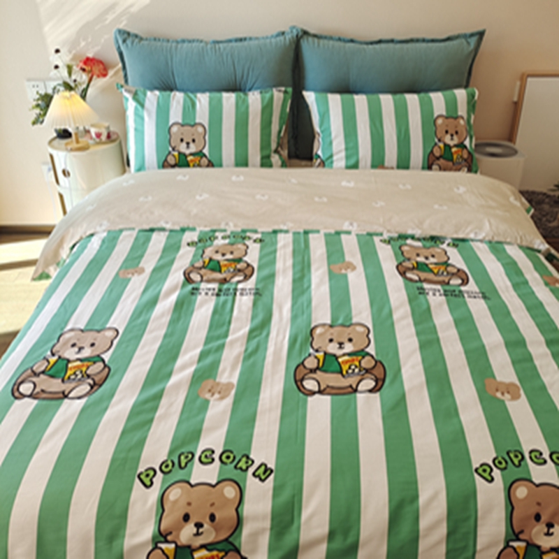 91家纺网 家纺一手货源 找家纺 感遇2022新款全棉印花四件套系列 绿条小熊