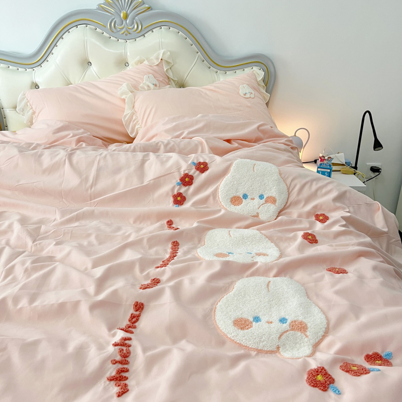 91家纺网 家纺一手货源 找家纺 我心 2023新款毛巾绣四件套-萌兔系列 花儿兔-粉