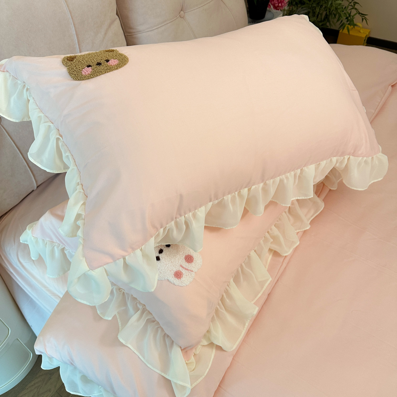 91家纺网 家纺一手货源 找家纺 我心 2023新款毛巾绣四件套-萌兔系列 小兔与熊-粉