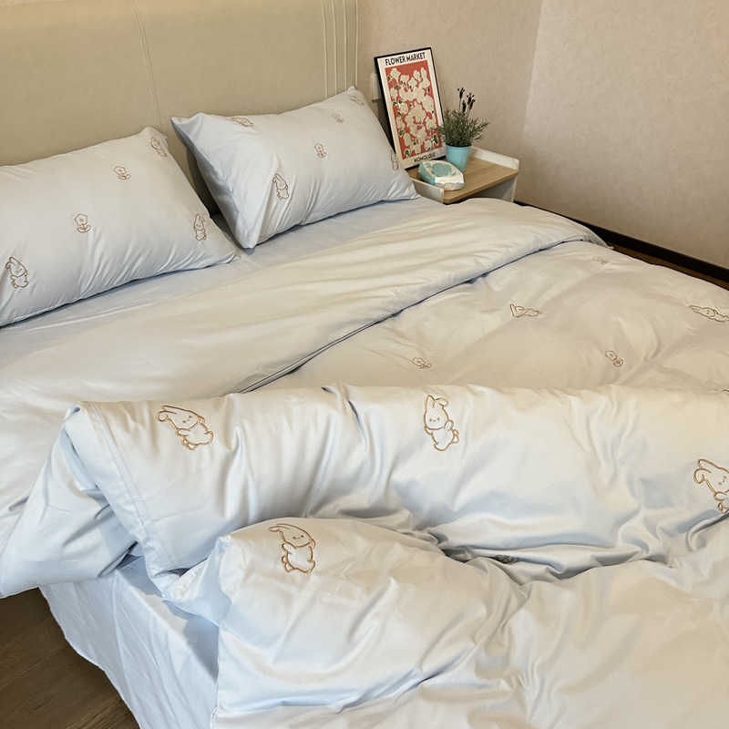 91家纺网 家纺一手货源 找家纺 N先生 2024新款亲肤水洗棉刺绣四件套-小花兔 小花兔-蓝