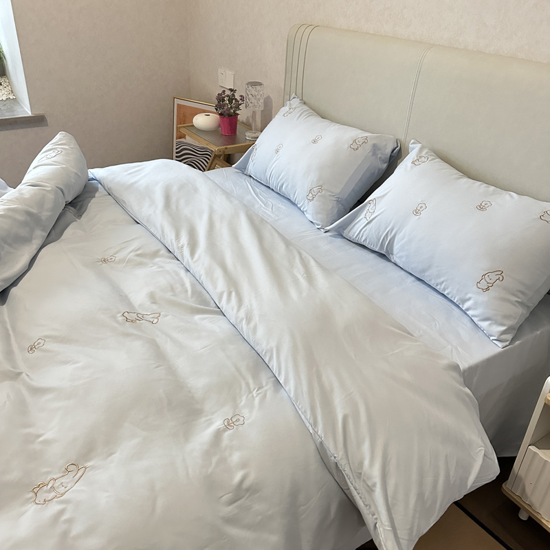 91家纺网 家纺一手货源 找家纺 N先生 2024新款亲肤水洗棉刺绣四件套-小花兔 小花兔-蓝