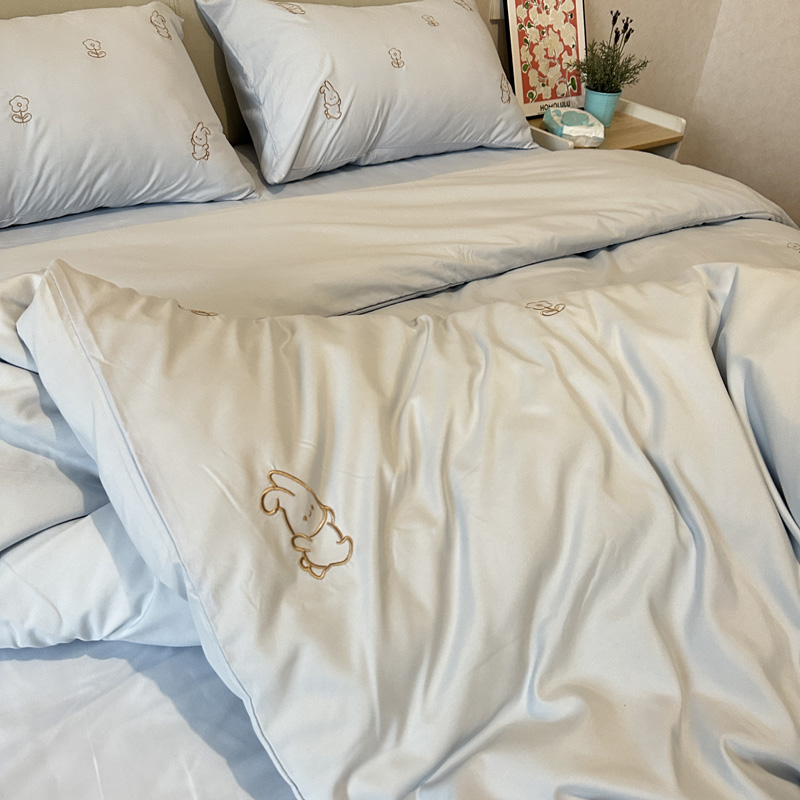 91家纺网 家纺一手货源 找家纺 N先生 2024新款亲肤水洗棉刺绣四件套-小花兔 小花兔-蓝