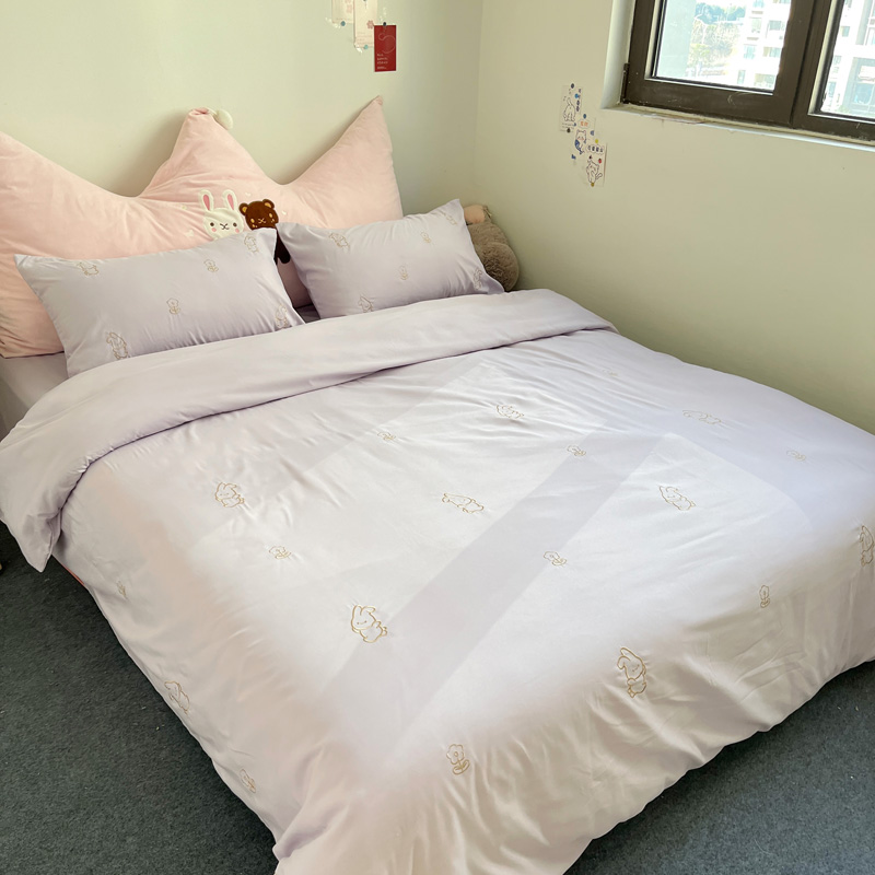 91家纺网 家纺一手货源 找家纺 N先生 2024新款亲肤水洗棉刺绣四件套-小花兔 小花兔-紫