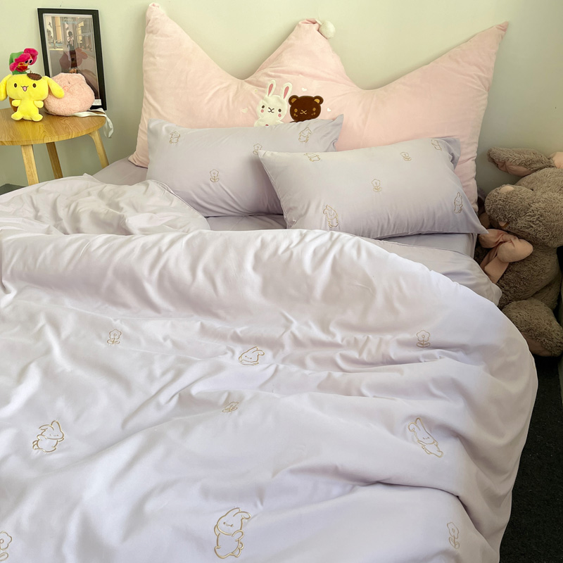 91家纺网 家纺一手货源 找家纺 N先生 2024新款亲肤水洗棉刺绣四件套-小花兔 小花兔-紫