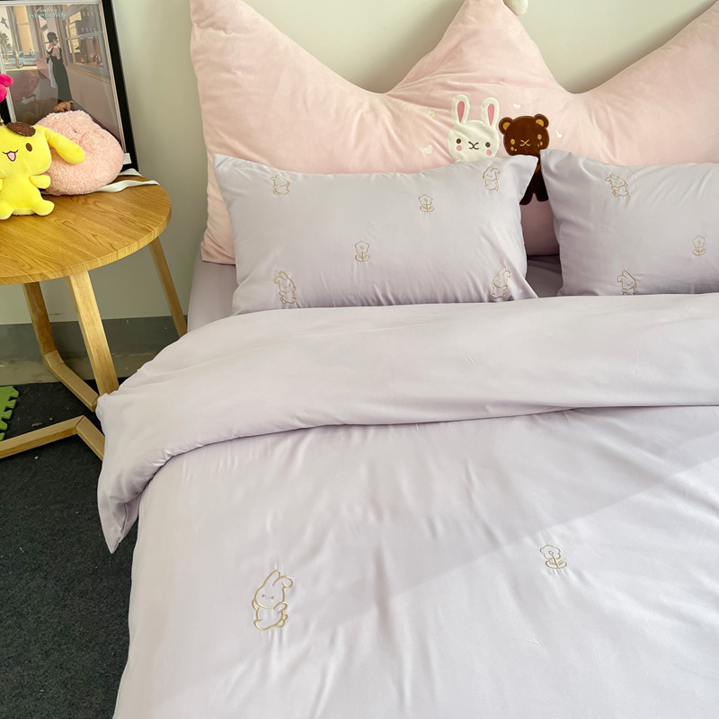 91家纺网 家纺一手货源 找家纺 N先生 2024新款亲肤水洗棉刺绣四件套-小花兔 小花兔-紫