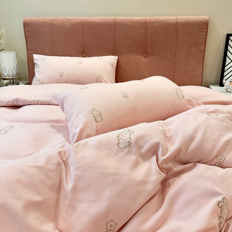 91家纺网 家纺一手货源 找家纺 N先生 2024新款亲肤水洗棉刺绣四件套-小花兔 小花兔-粉