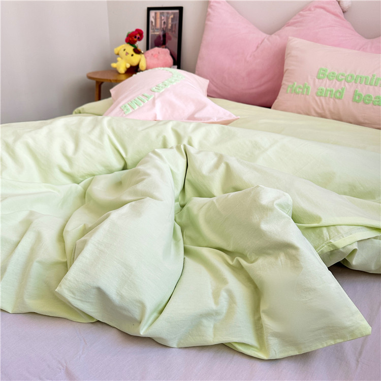 91家纺网 家纺一手货源 找家纺 泽西 2023新款40支双拼全棉水洗棉毛巾绣四件套 双拼-绿粉