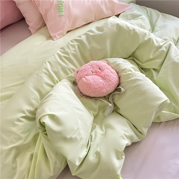 91家纺网 家纺一手货源 找家纺 泽西 2023新款40支双拼全棉水洗棉毛巾绣四件套 双拼-绿粉