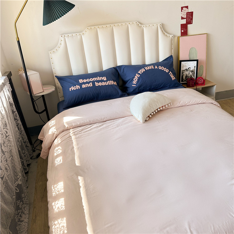 91家纺网 家纺一手货源 找家纺 泽西 2023新款40支双拼全棉水洗棉毛巾绣四件套 双拼-粉蓝