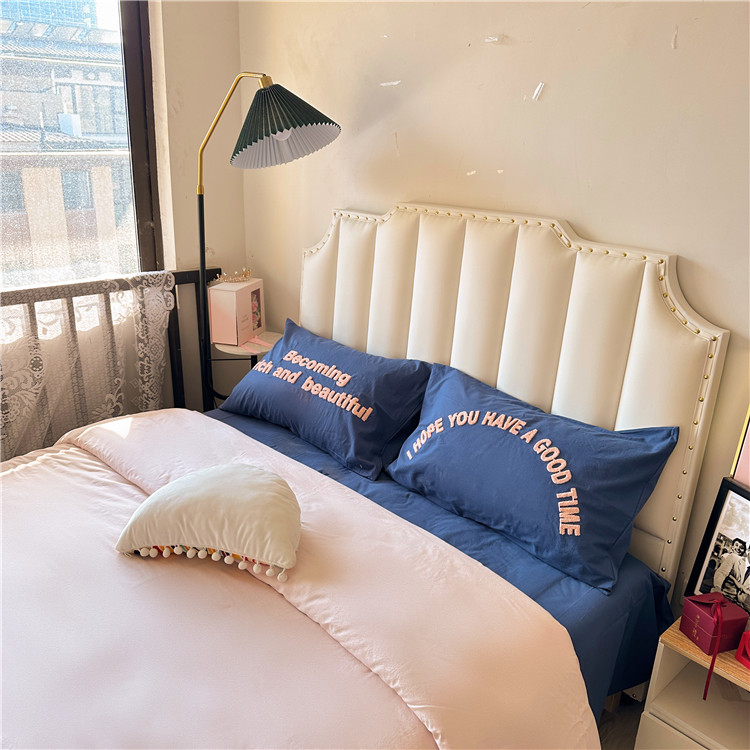 91家纺网 家纺一手货源 找家纺 泽西 2023新款40支双拼全棉水洗棉毛巾绣四件套 双拼-粉蓝