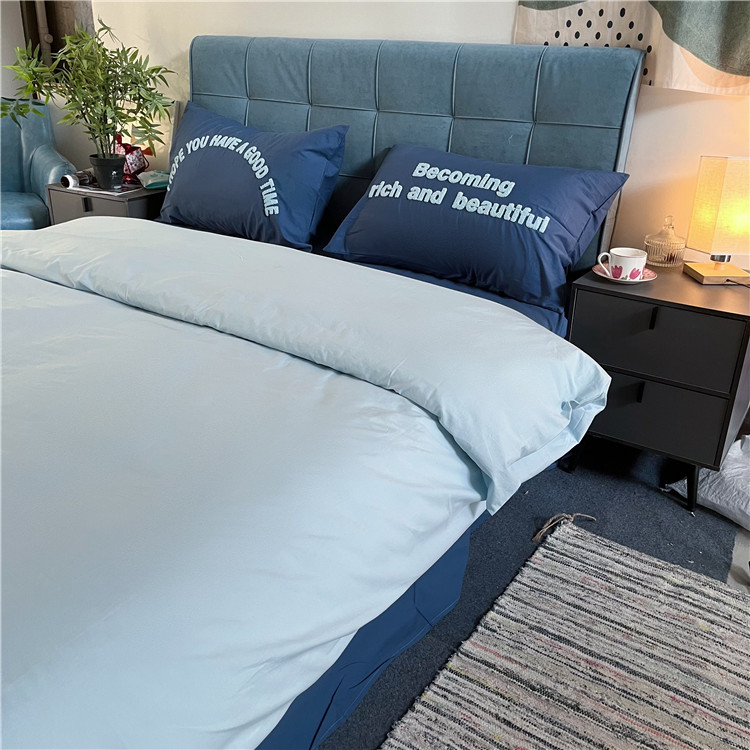 91家纺网 家纺一手货源 找家纺 泽西 2023新款40支双拼全棉水洗棉毛巾绣四件套 双拼-双蓝