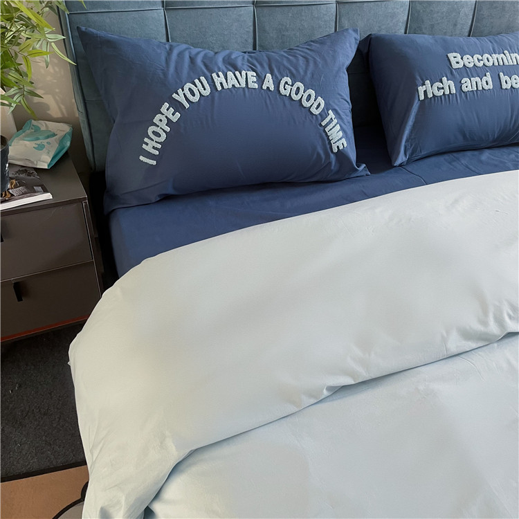 91家纺网 家纺一手货源 找家纺 泽西 2023新款40支双拼全棉水洗棉毛巾绣四件套 双拼-双蓝