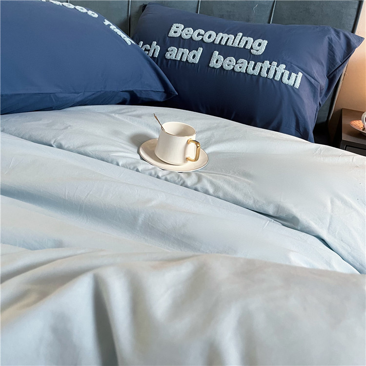 91家纺网 家纺一手货源 找家纺 泽西 2023新款40支双拼全棉水洗棉毛巾绣四件套 双拼-双蓝