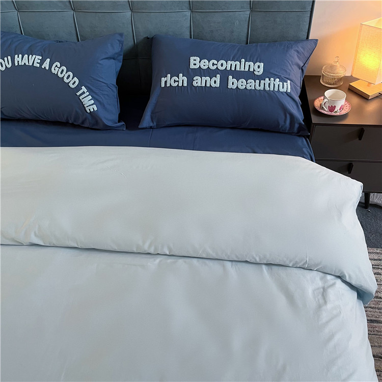 91家纺网 家纺一手货源 找家纺 泽西 2023新款40支双拼全棉水洗棉毛巾绣四件套 双拼-双蓝