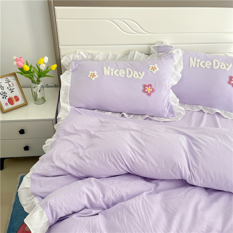 91家纺网 家纺一手货源 找家纺 泉欣家纺2024新款小精灵系列加厚水洗亲肤棉毛巾绣四件套小精灵香芋紫