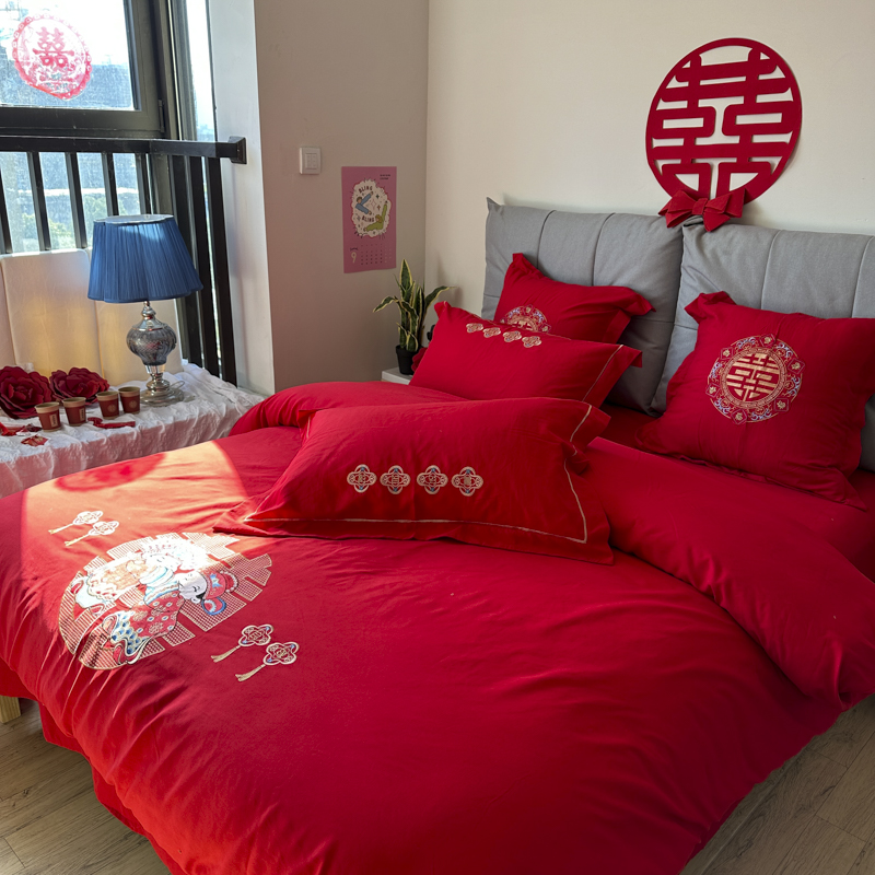 91家纺网 家纺一手货源 找家纺 2025新款亲肤棉刺绣绣花婚庆四件套 喜结良缘