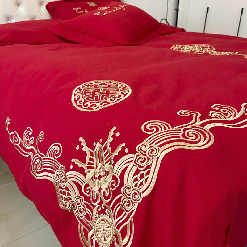 91家纺网 家纺一手货源 找家纺 2025新款亲肤棉刺绣绣花婚庆四件套 幸福婚约