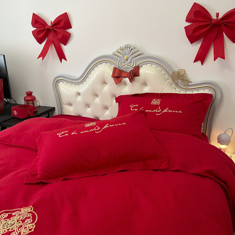 91家纺网 家纺一手货源 找家纺 2025新款亲肤棉刺绣绣花婚庆四件套 幸福婚约