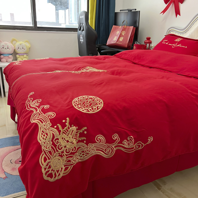 91家纺网 家纺一手货源 找家纺 2025新款亲肤棉刺绣绣花婚庆四件套 幸福婚约