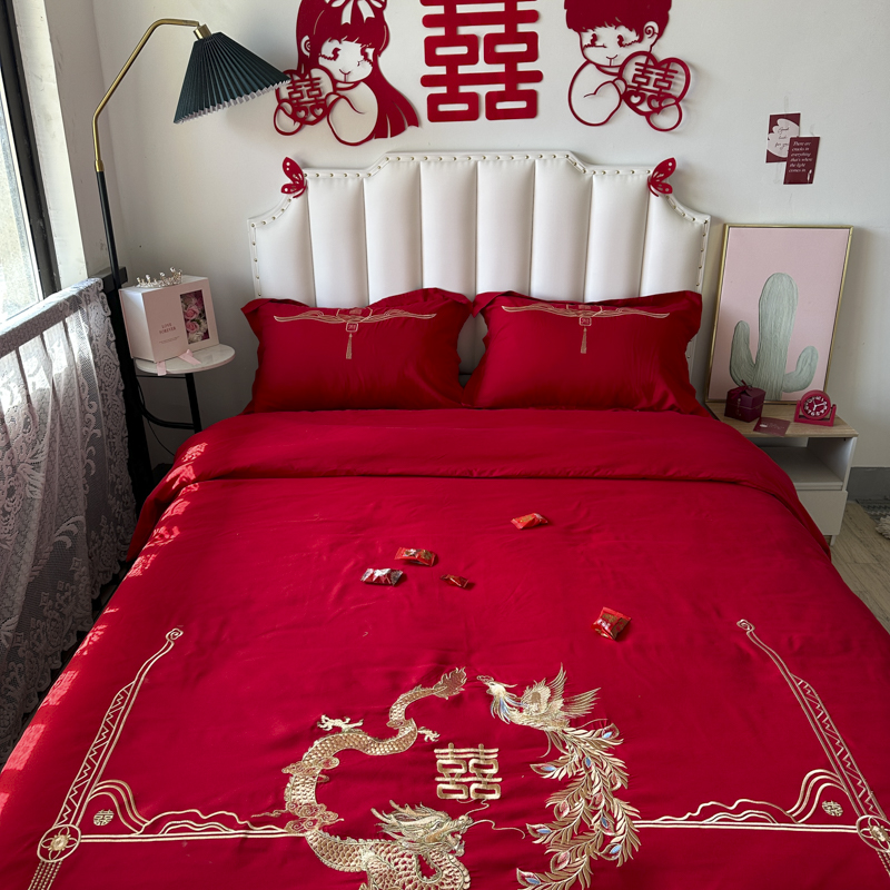 91家纺网 家纺一手货源 找家纺 2025新款亲肤棉刺绣绣花婚庆四件套 龙凤双美