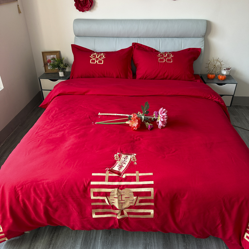 91家纺网 家纺一手货源 找家纺 2025新款亲肤棉刺绣绣花婚庆四件套 双喜临门