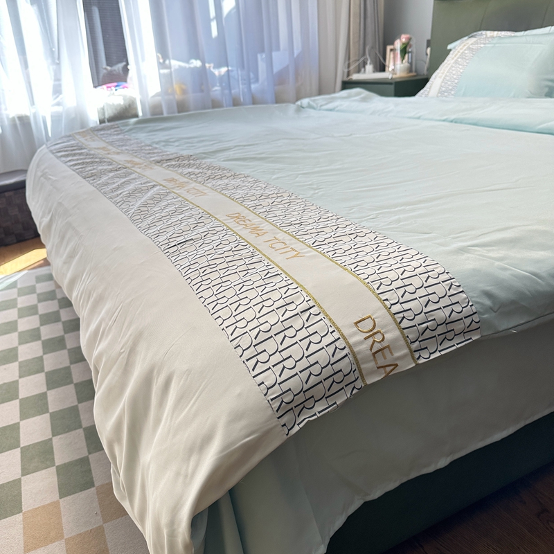 91家纺网 家纺一手货源 找家纺 金麦家纺 2023新款冰丝英格四件套系列  英格-梵星蓝