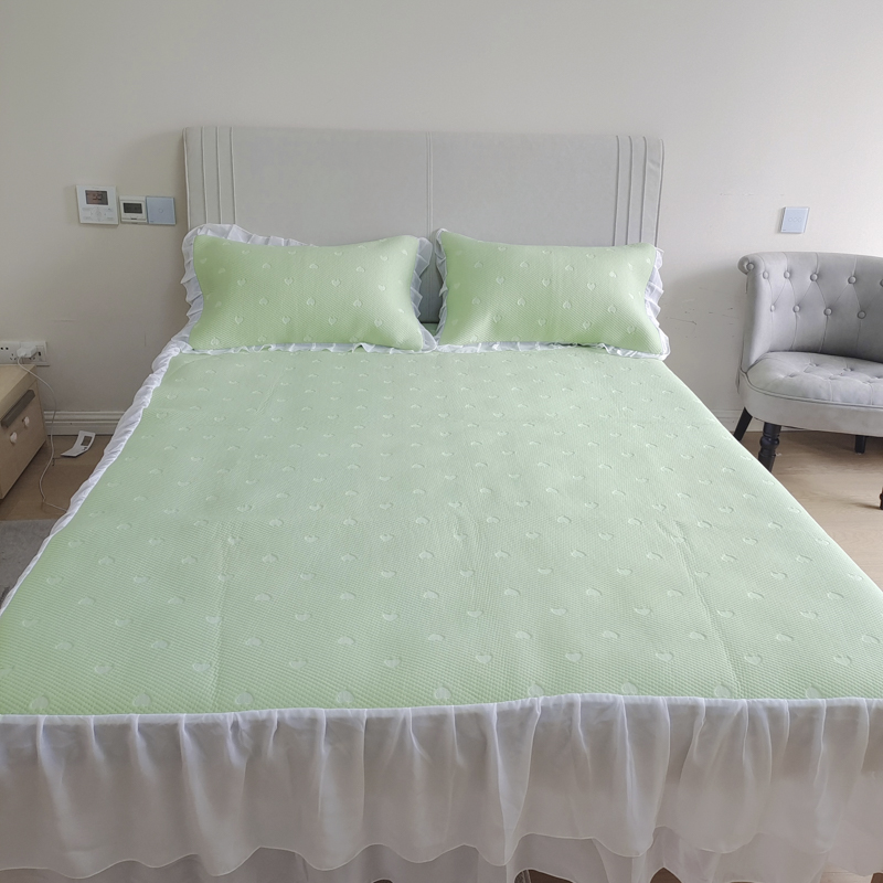 91家纺网 家纺一手货源 找家纺 川悦生活2023新款雪纺极速凉感凉豆豆床裙凉席三件套 贝昔-果绿