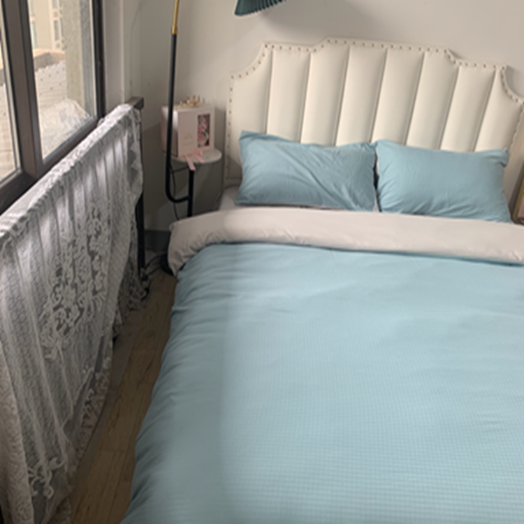 91家纺网 家纺一手货源 找家纺 N先生  2024新款小方格提花水洗棉四件套 湖水绿