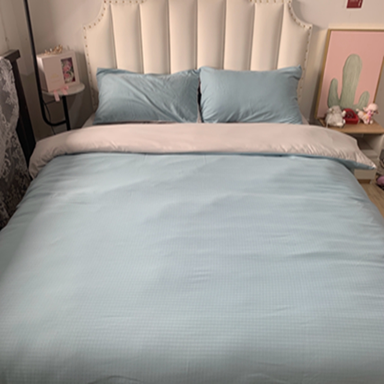 91家纺网 家纺一手货源 找家纺 N先生  2024新款小方格提花水洗棉四件套 湖水绿