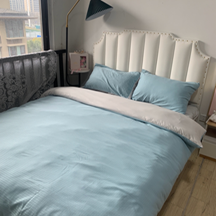 91家纺网 家纺一手货源 找家纺 N先生  2024新款小方格提花水洗棉四件套 湖水绿