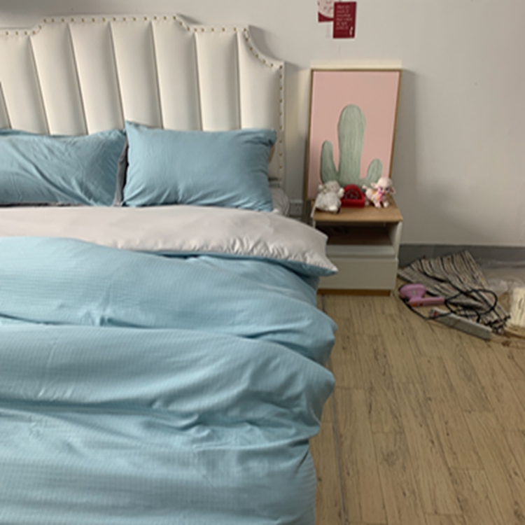 91家纺网 家纺一手货源 找家纺 N先生  2024新款小方格提花水洗棉四件套 湖水绿