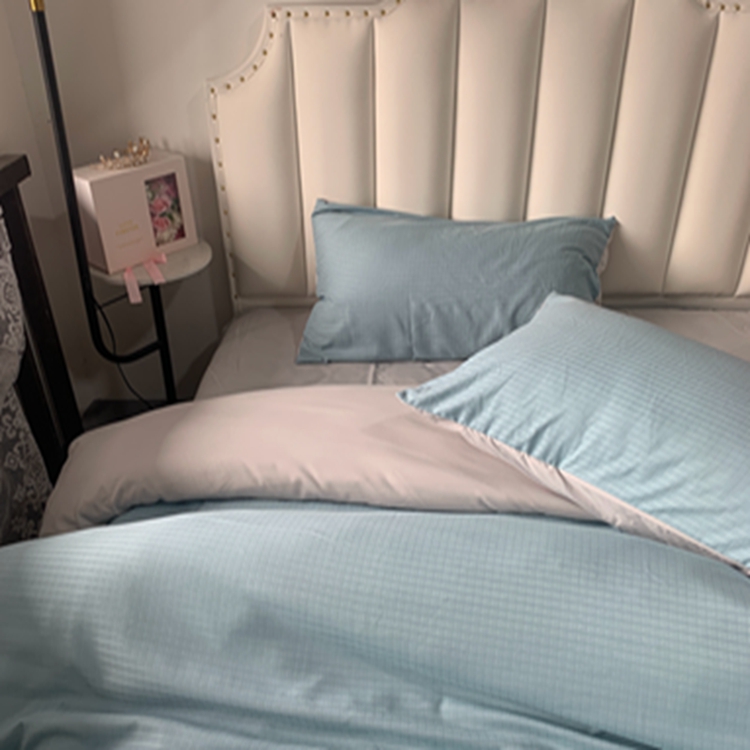 91家纺网 家纺一手货源 找家纺 N先生  2024新款小方格提花水洗棉四件套 湖水绿