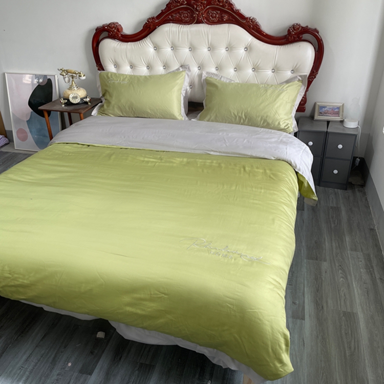 91家纺网 家纺一手货源 找家纺 金麦家纺 2023新款冰丝小拼角四件套系列 小拼角橄榄绿