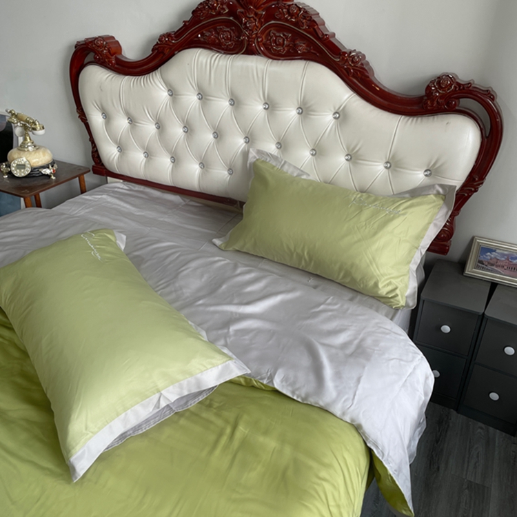 91家纺网 家纺一手货源 找家纺 金麦家纺 2023新款冰丝小拼角四件套系列 小拼角橄榄绿