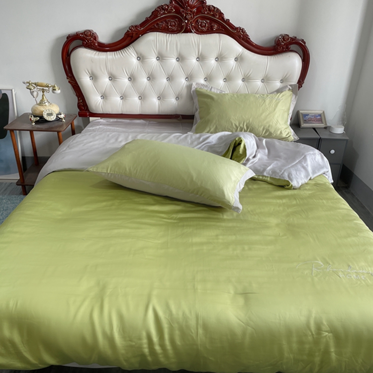 91家纺网 家纺一手货源 找家纺 金麦家纺 2023新款冰丝小拼角四件套系列 小拼角橄榄绿