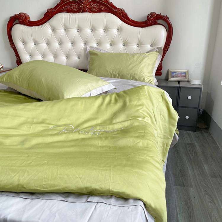 91家纺网 家纺一手货源 找家纺 金麦家纺 2023新款冰丝小拼角四件套系列 小拼角橄榄绿