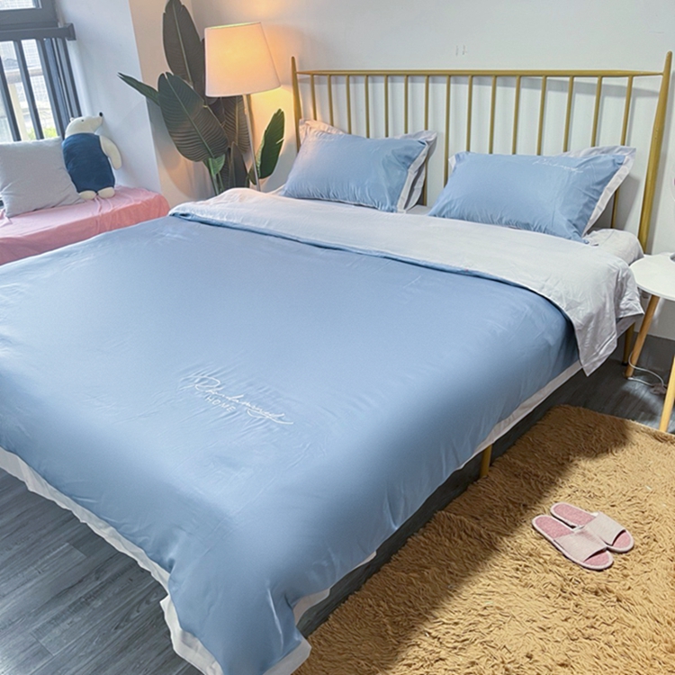 91家纺网 家纺一手货源 找家纺 金麦家纺 2023新款冰丝小拼角四件套系列 小拼角蓝