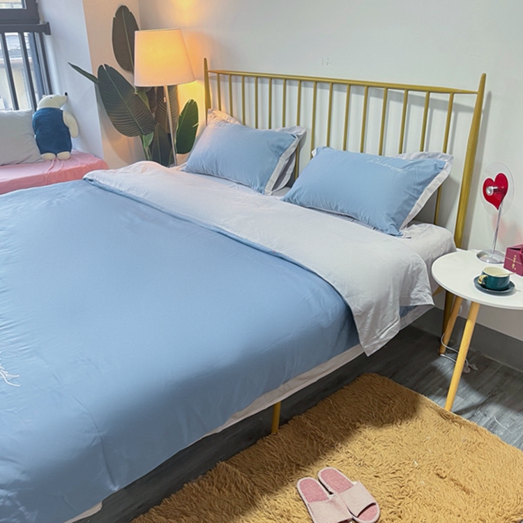 91家纺网 家纺一手货源 找家纺 金麦家纺 2023新款冰丝小拼角四件套系列 小拼角蓝