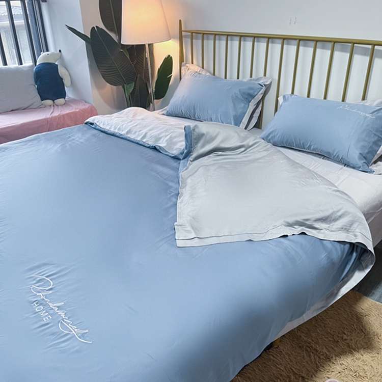 91家纺网 家纺一手货源 找家纺 金麦家纺 2023新款冰丝小拼角四件套系列 小拼角蓝