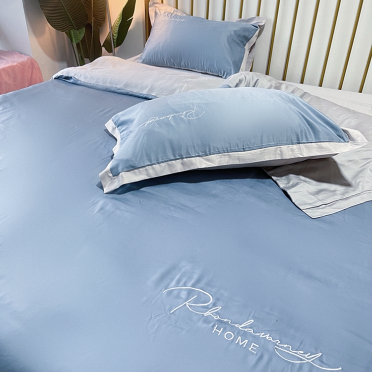 91家纺网 家纺一手货源 找家纺 金麦家纺 2023新款冰丝小拼角四件套系列 小拼角蓝