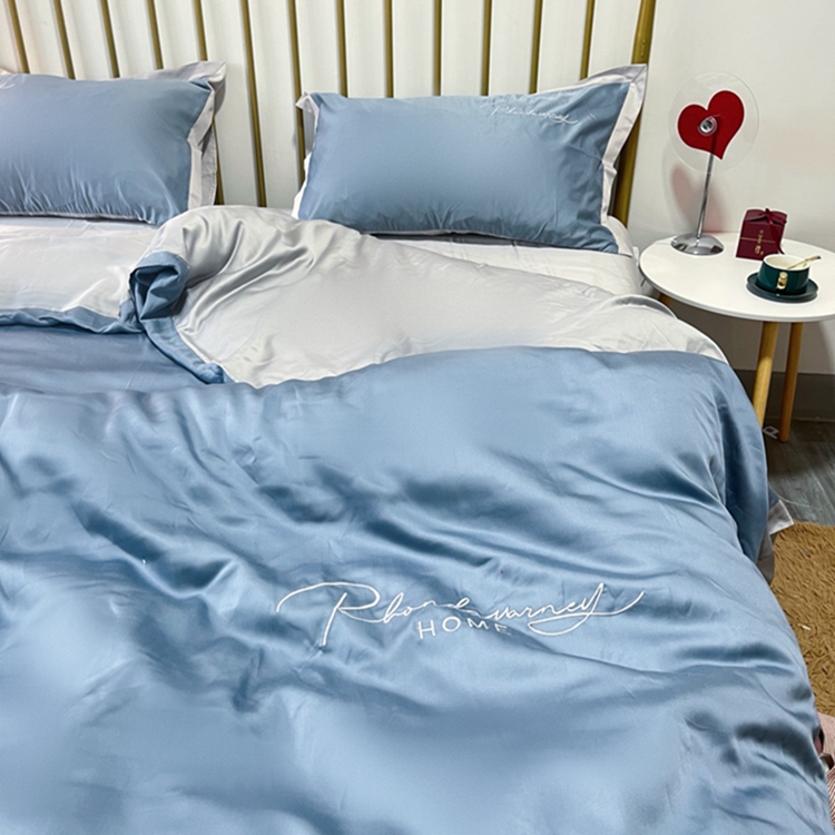 91家纺网 家纺一手货源 找家纺 金麦家纺 2023新款冰丝小拼角四件套系列 小拼角蓝