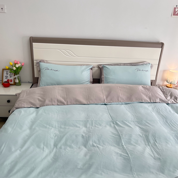 91家纺网 家纺一手货源 找家纺 金麦家纺 2023新款冰丝小拼角四件套系列 小拼角繁星蓝