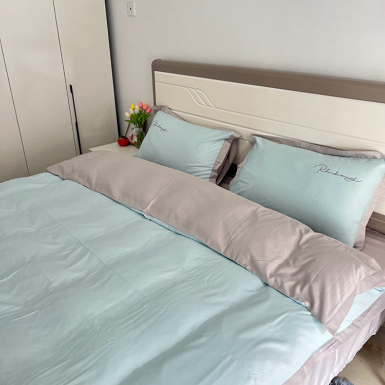 91家纺网 家纺一手货源 找家纺 金麦家纺 2023新款冰丝小拼角四件套系列 小拼角繁星蓝