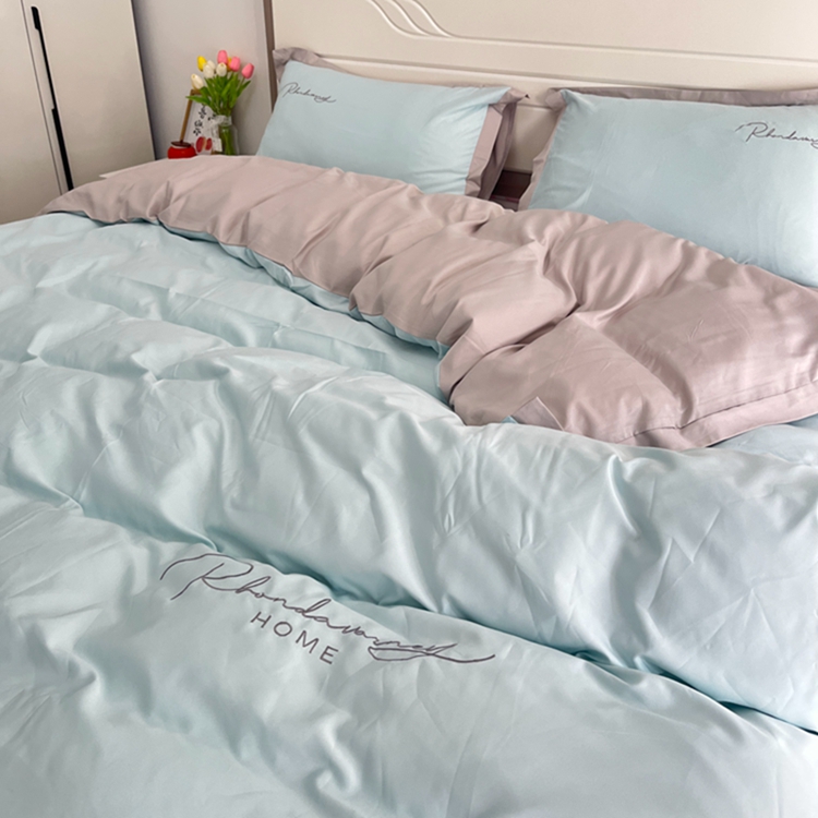 91家纺网 家纺一手货源 找家纺 金麦家纺 2023新款冰丝小拼角四件套系列 小拼角繁星蓝