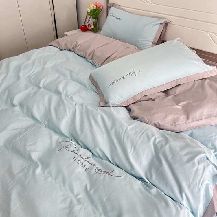 91家纺网 家纺一手货源 找家纺 金麦家纺 2023新款冰丝小拼角四件套系列 小拼角繁星蓝