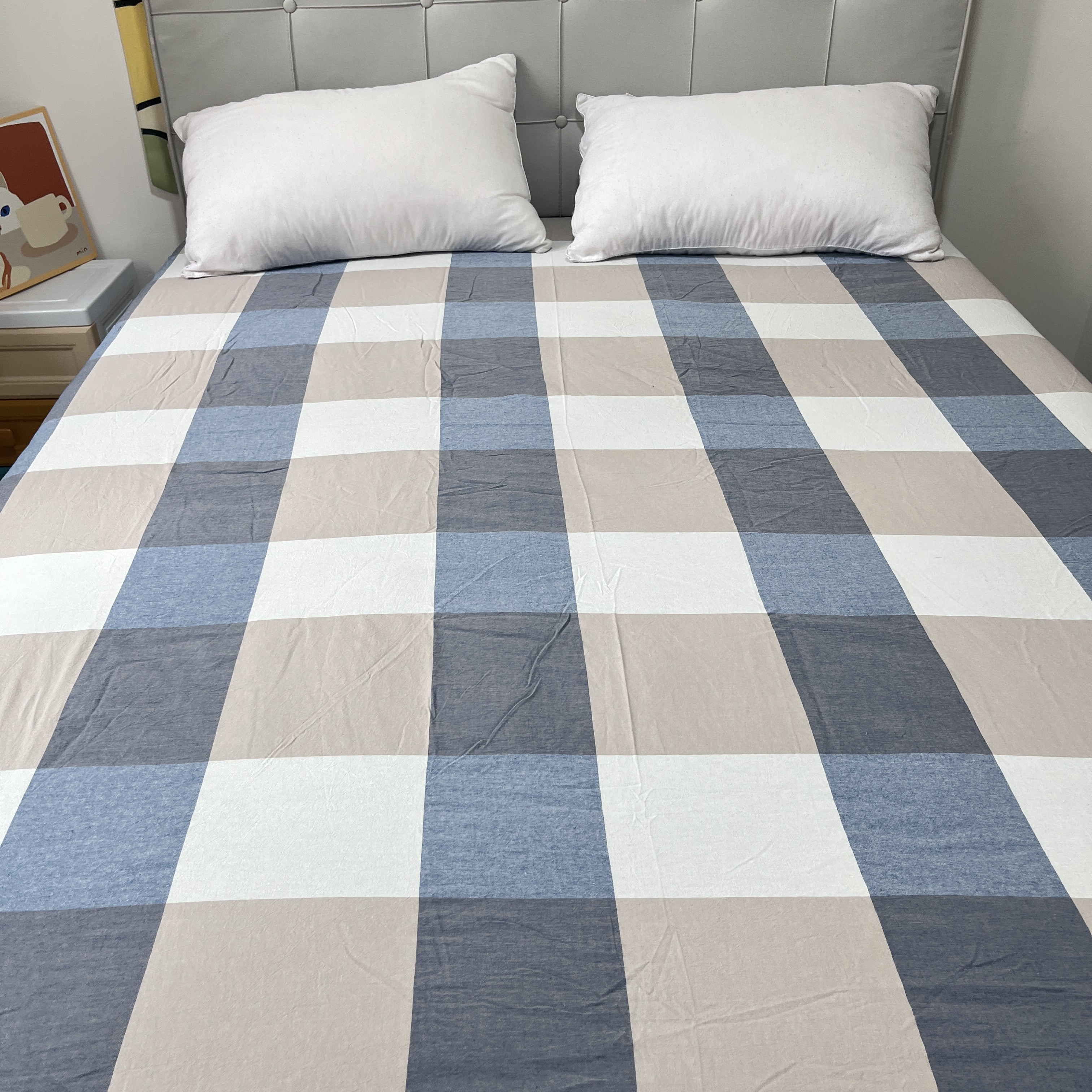 91家纺网 家纺一手货源 找家纺 恋人优选 2023新款纯棉色织床笠 蓝大格